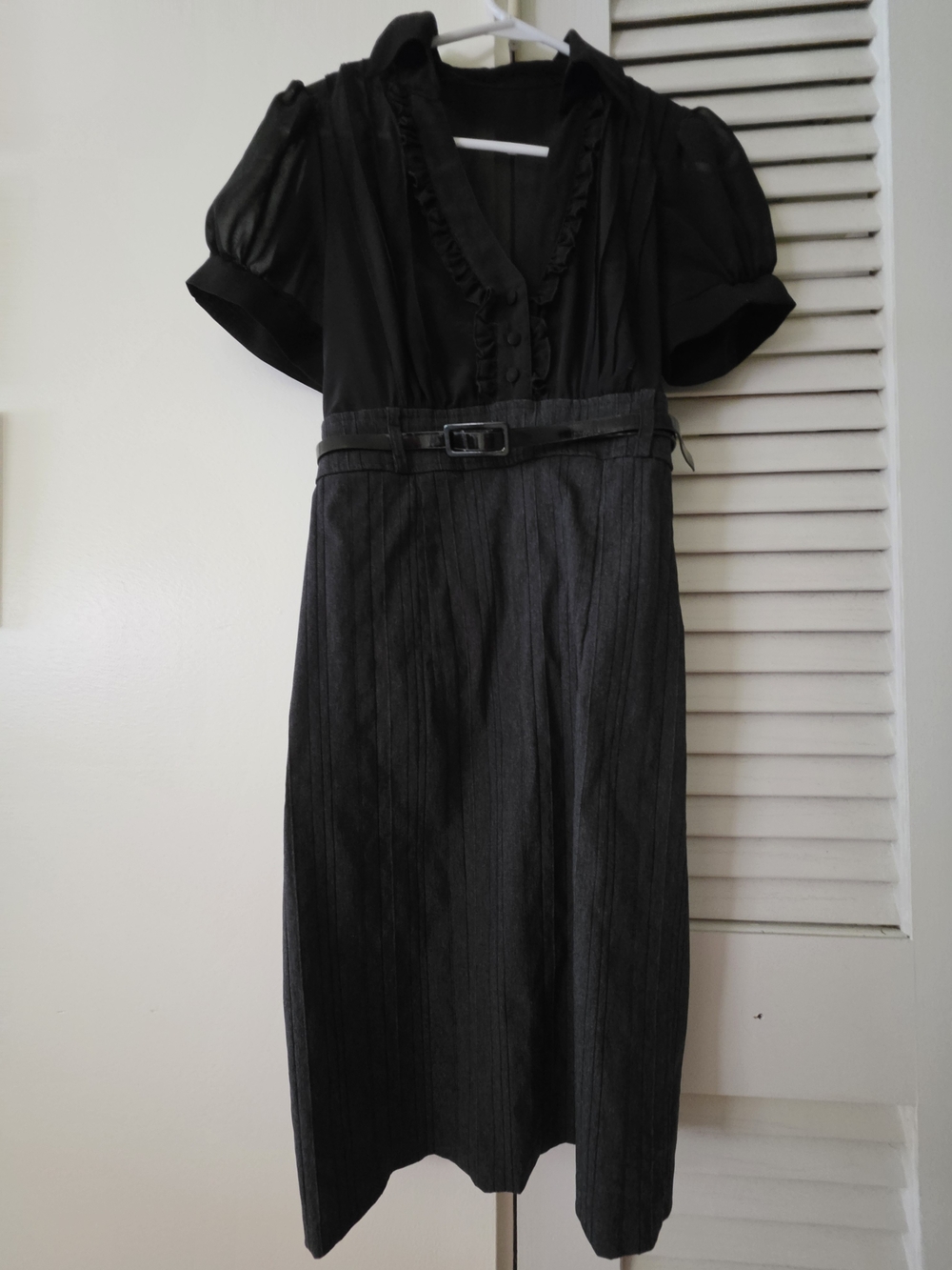 Bisou Bisou Black Belted Midi Dress with Ruffle V-Neck